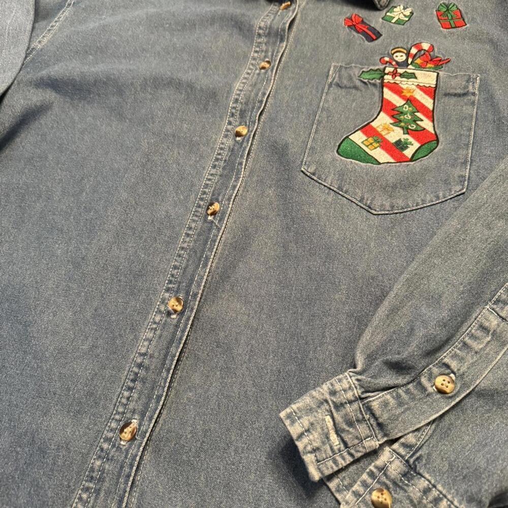 Vintage 90s Tantrum blues denim Christmas embroidered button up - Picture 4 of 5